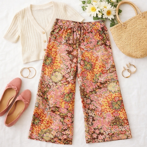 Dex Pants - DEX Retro Floral Wide Leg Pants 70s Soft Girl Medallion Print Size Small NWT
